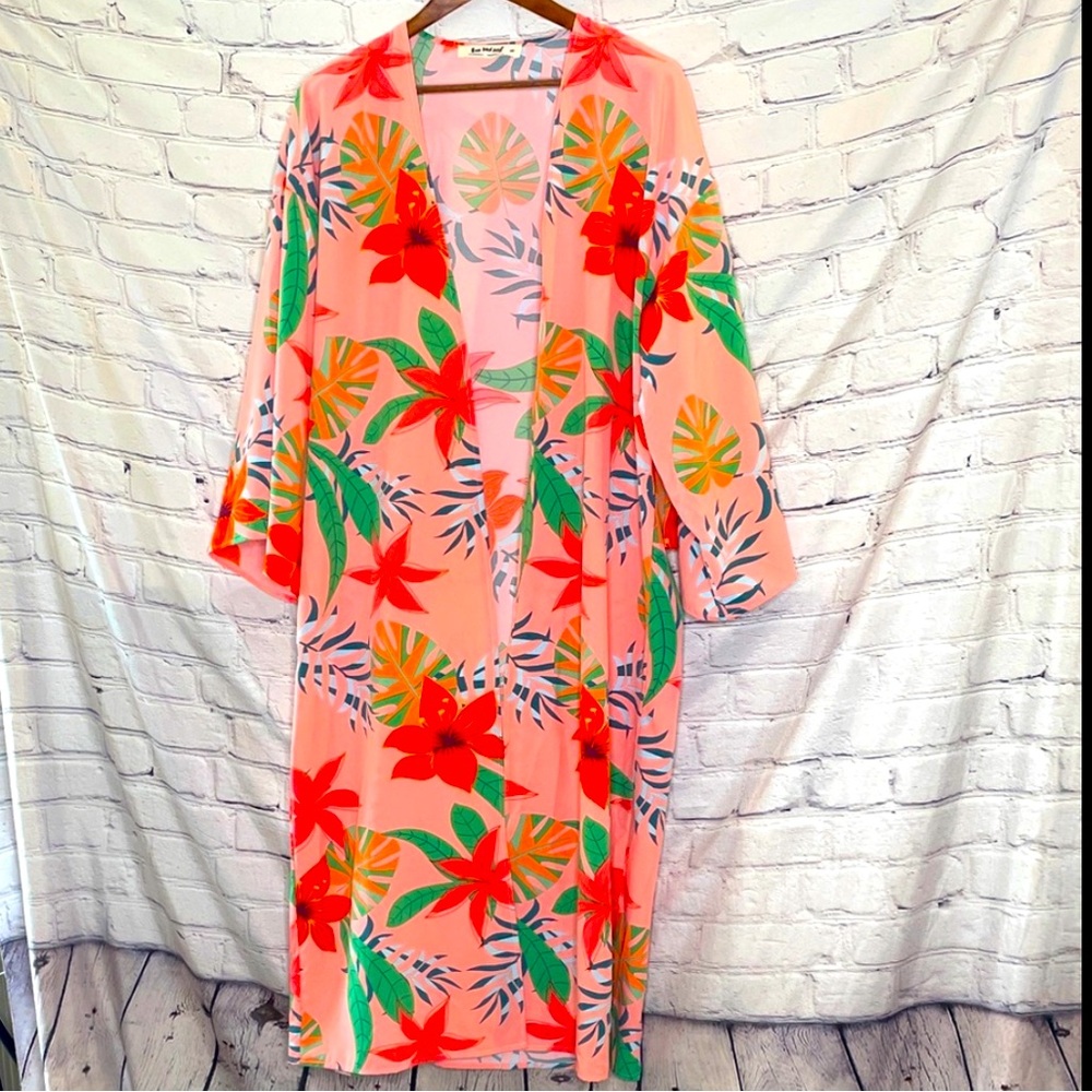 Three Bird Nest Pink and Teal Kimono Size Medium Excellent Condition